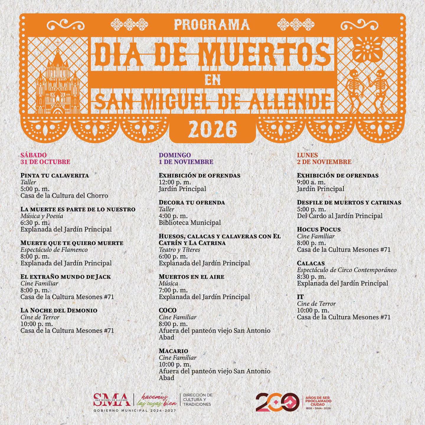 Programa Día de Muertos 2026 en San Miguel de Allende